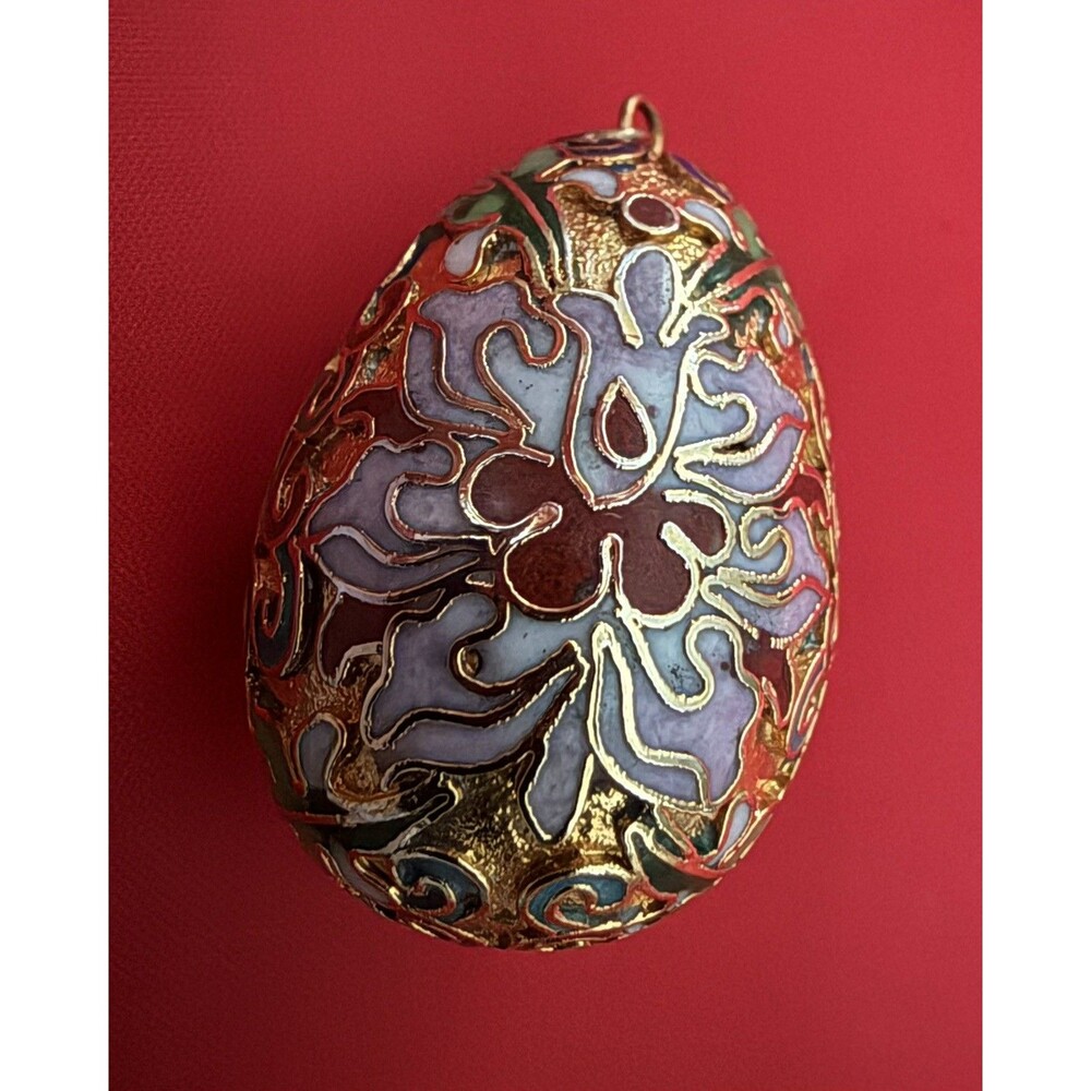 Vintage Cloisonné Egg Pendant Red Multicolored Blue Gold Tone